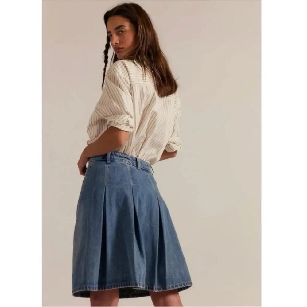 Free People Bohemian Retro 70s Yoko Pleated Denim Jean Skirt Size 31